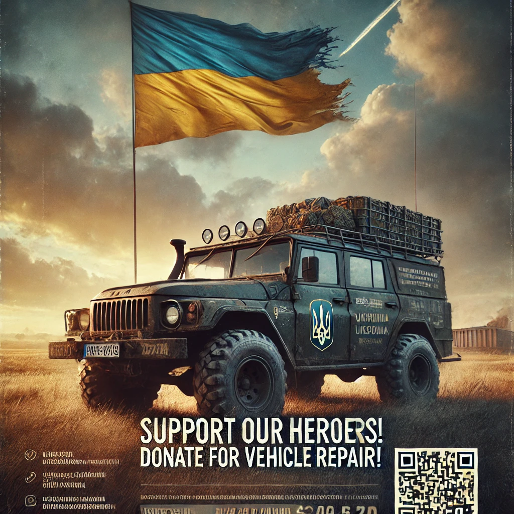 DALL·E 2024-12-07 14.47.39 – A powerful and emotional poster designed to inspire donations for repairing a military vehicle. The image features a rugged, damaged SUV with visible